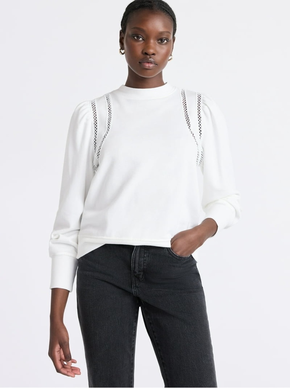 White Women's Long Sleeve with Lace Inset